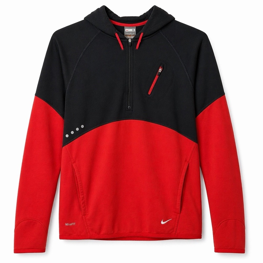 Nike Mens Red Black 1/4 Zip Hoodie Jacket Medium M Vintage Y2K Fit Dry Pockets